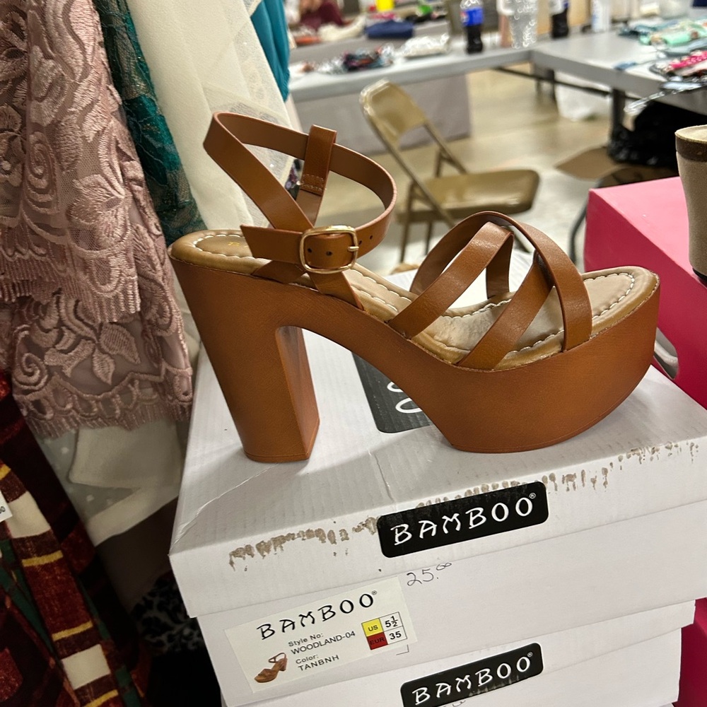 BAMBOO Cognac Strappy Platform Block Heel Sandals